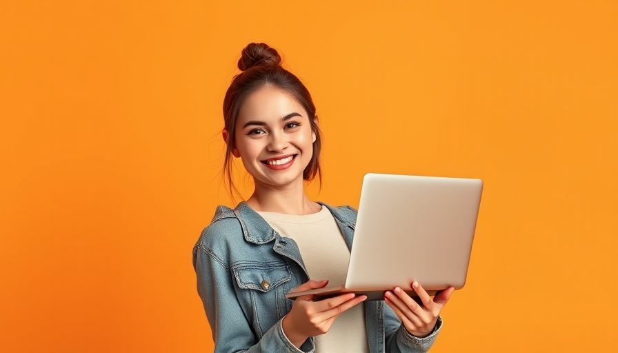 Smiling woman with laptop on orange background; SEO code knowledge concept.
