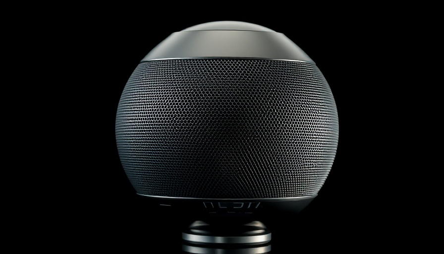 Futuristic spherical speaker with metallic finish, ambient lighting.
