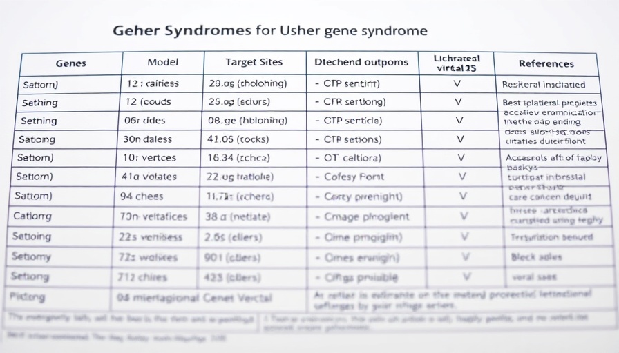 Table detailing Usher syndrome gene therapy models and outcomes.