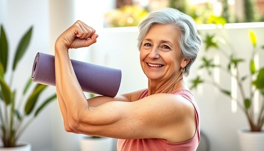 Older woman flexing arm with yoga mat, symbolizing fitness and vitality.