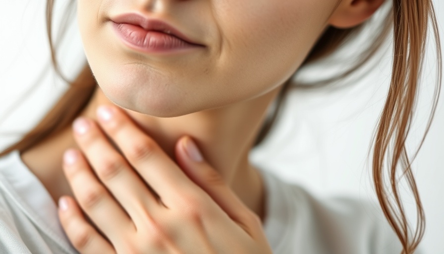 Woman examining neck, related to eating with hypothyroidism and hyperthyroidism.