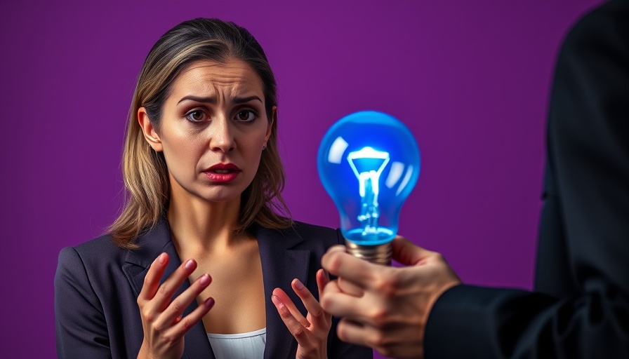 Concerned woman, glowing blue light bulb, highlighting blue light toxicity health effects.