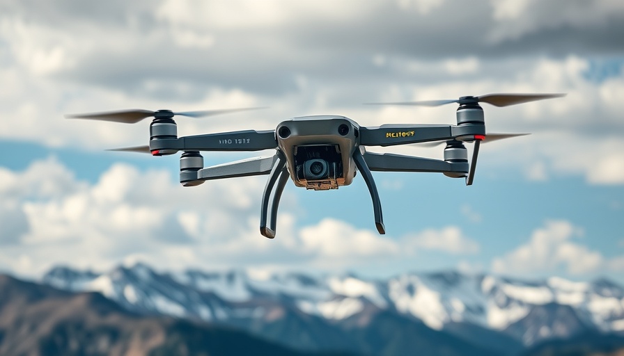 Demand for drones in business growth shown by drone over mountains.