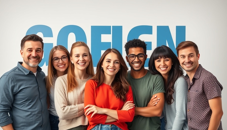 Cheerful individuals in front of 'The Dojo' graphic for AI marketing.