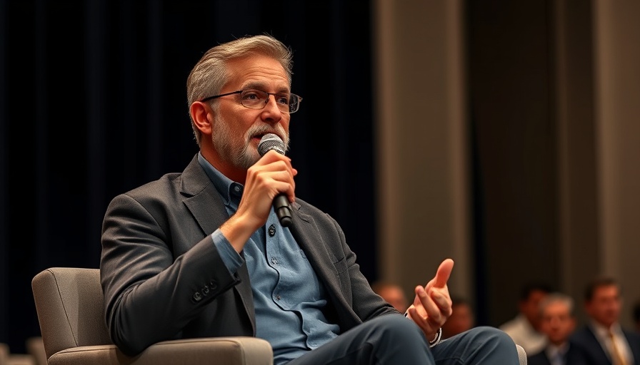 Engaged man speaking at a conference on AI in consulting for SMEs.