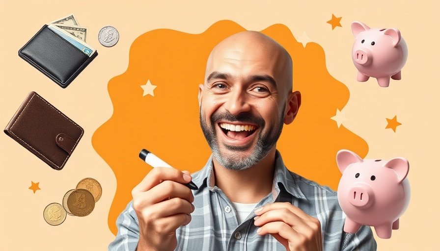Enthusiastic bald man amidst budget elements, modern collage.