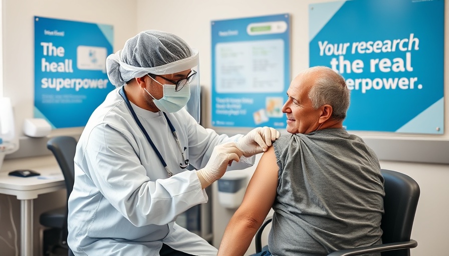 Healthcare professional gives a vaccine beside a 'Your research is the real superpower' poster, Telomere research.