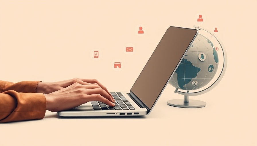 Digital interaction illustration with hands on laptop and globe icons, local business success stories
