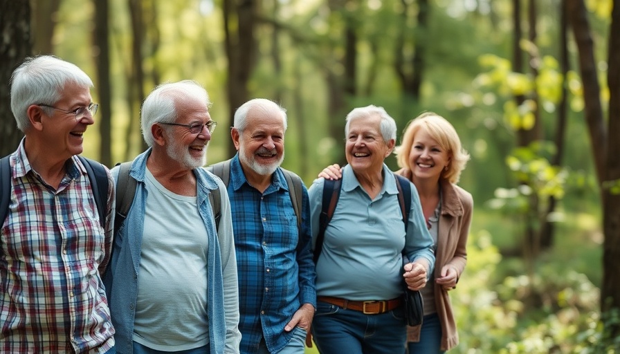 Older adults laughing on a nature walk promoting physical well-being.