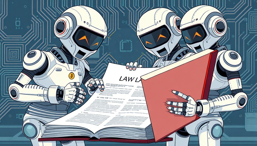 Robots examining legal papers symbolizing EU AI legislation.