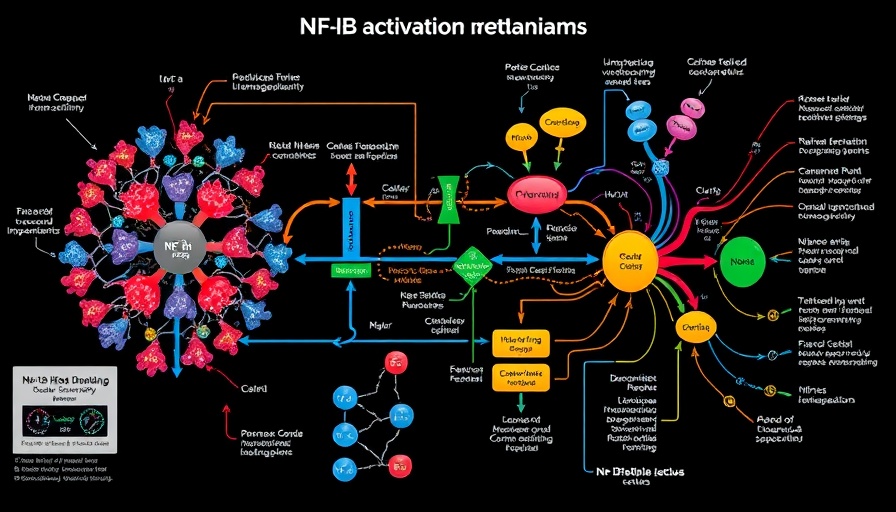 Diagram illustrating NF-κB activation pathways for longevity using vibrant scientific visualization.