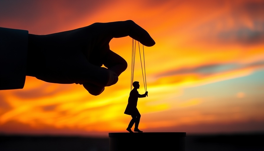 Silhouette of hand controlling puppet at sunset, symbolizing misinformation and control.
