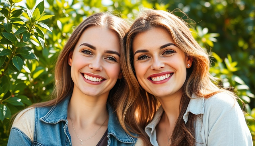 Two women smiling outdoors surrounded by greenery.
