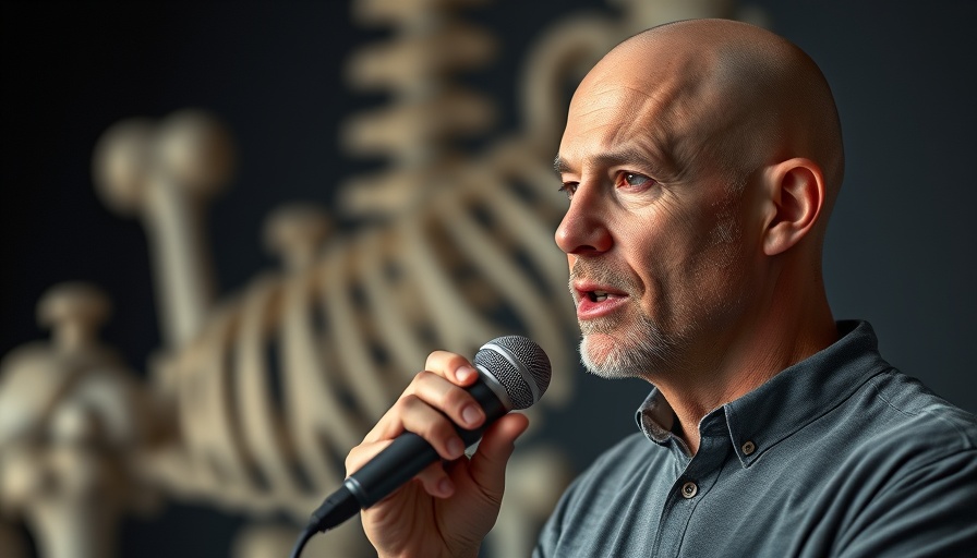 Bald male speaker discussing health topics, abstract bone background, longevity tips.