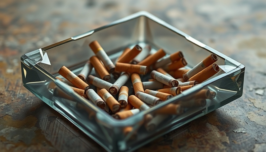 Glass ashtray with cigarette butts on stained table, symbolizing cigarette smoking and aging.
