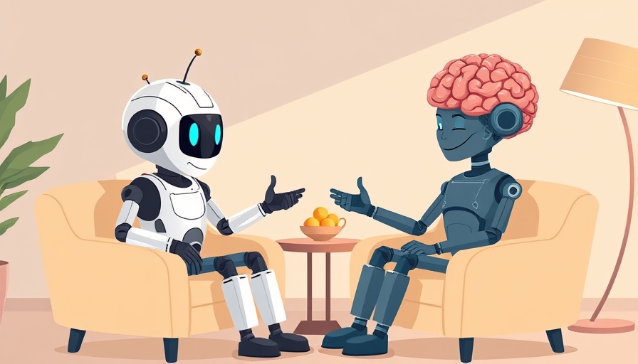 Cartoon robot therapist with brain patient in AI mental health session