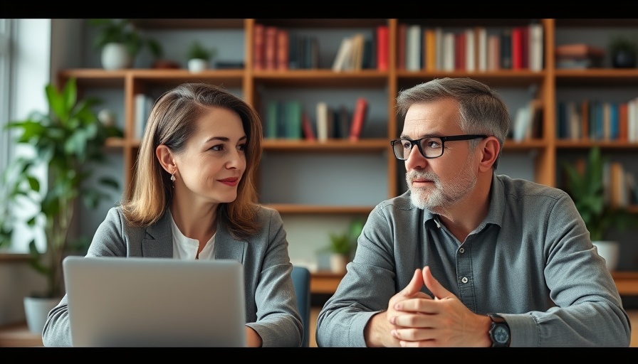 Two individuals engaged in a video call discussing, vibrant office setting.