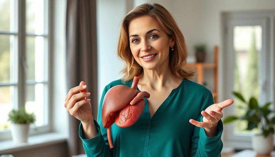 Confident woman gives liver cleanse tips while holding model.