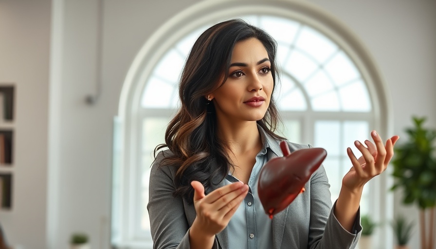 Confident woman explaining liver health with model in hand.