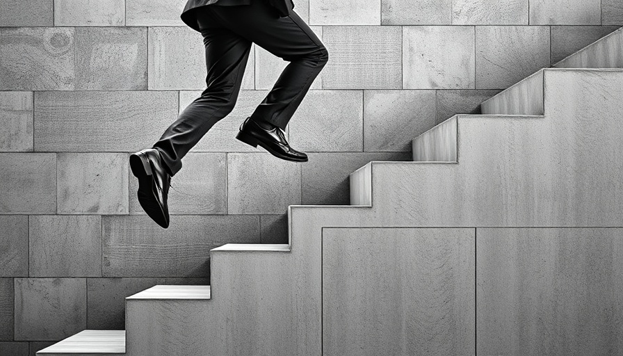 Businessman ascending growth chart stairs, symbolizing impact on SMB marketing.