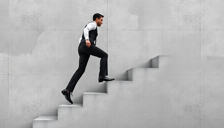 Businessman climbing upward graph stairs, symbolizing SMB growth.