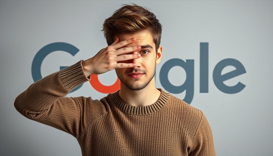 Young man covers one eye, standing in front of Google logo, highlighting local business marketing.