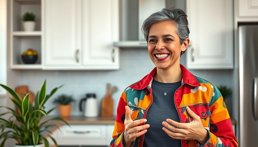 Casual woman explaining kid approved breakfasts in a modern kitchen.