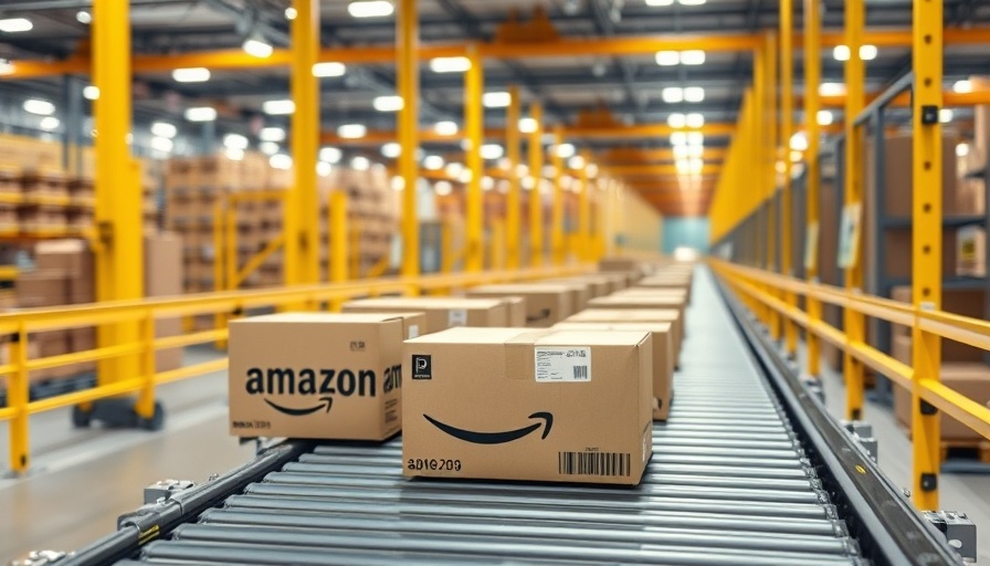 Conveyor belt with Amazon packages in a fulfillment center. Best marketing tools for SMBs.