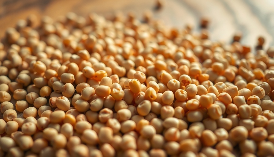 Close-up of soybeans on wooden surface.