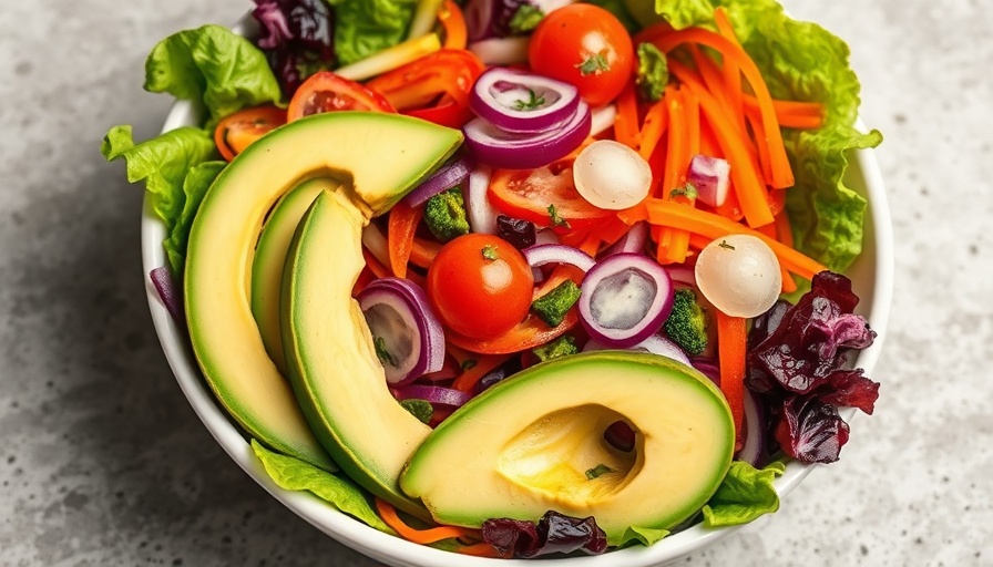 Bright salad with various vegetables and avocado slices promoting healthy eating.
