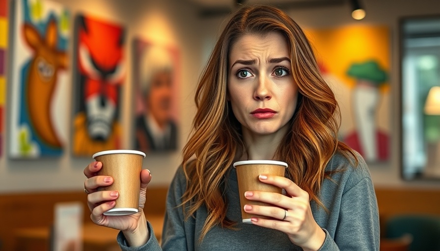 Confused woman making a coffee drinking mistake indoors.