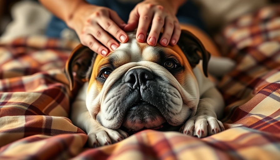 Lifelike image of a bulldog on a bed getting a relaxing massage.
