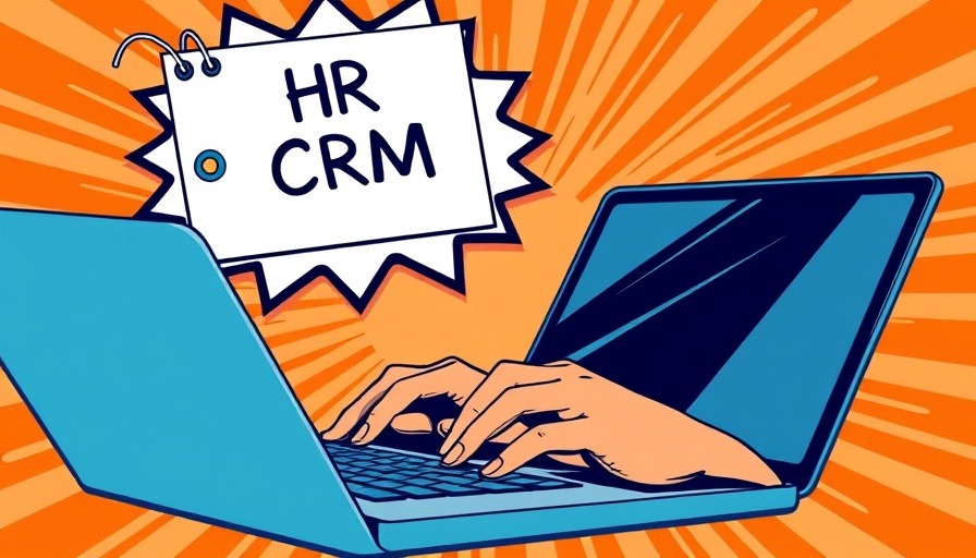 Graphic design of HR CRM, hands on laptop, retro pop art.