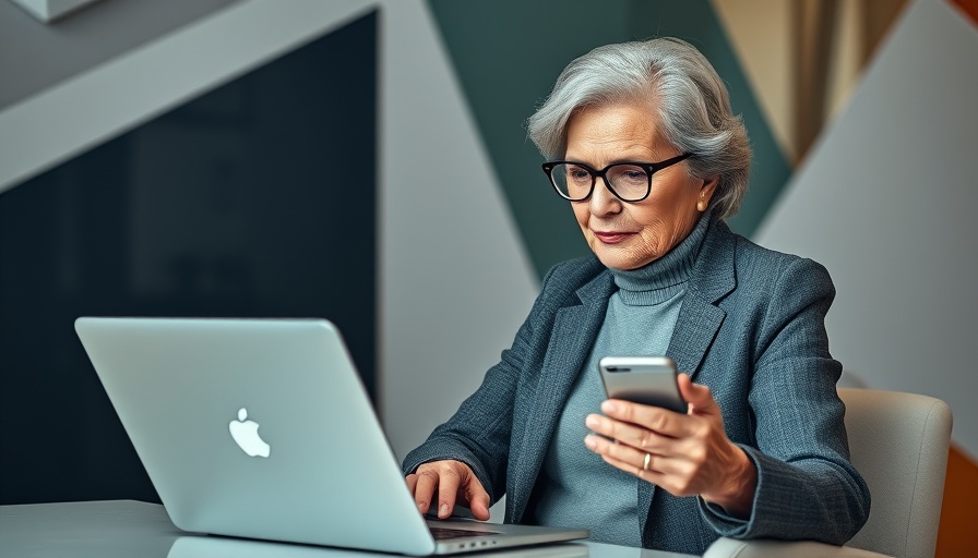 Elderly woman using tech, highlighting ChatGPT prompts for marketing.
