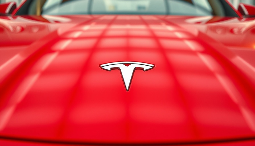 Tesla logo on shiny red hood reflecting light.