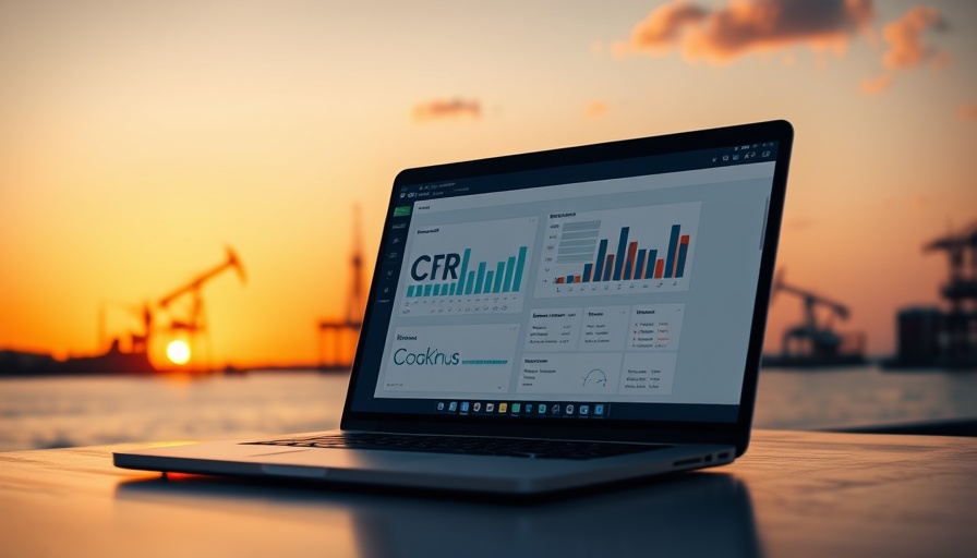 Laptop with CRM software in front of oil rig silhouette, symbolizing best CRM for oil and gas businesses.