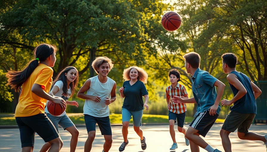 Energetic teenagers playing basketball in park to help anxiety relief.