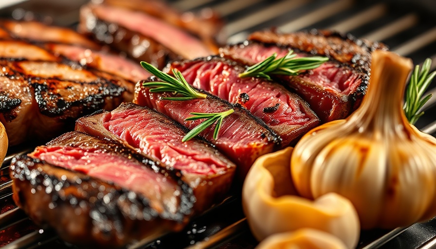 Juicy steak and garlic on grill pan for alpha-gal syndrome awareness.
