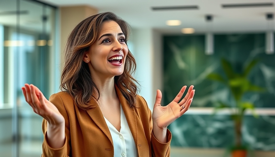Enthusiastic woman discussing supplements for longevity, vibrant office setting.