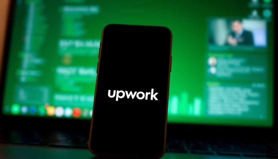 Smartphone showing Upwork logo, green background, Upwork enterprise business solutions.