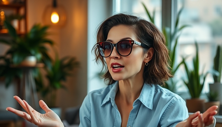 Confident woman wearing sunglasses, speaking indoors about sunglasses and weight gain.