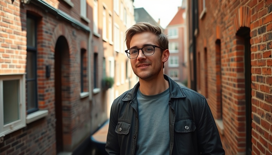 Relaxed man standing in a European alley, vibrant daylight scene.