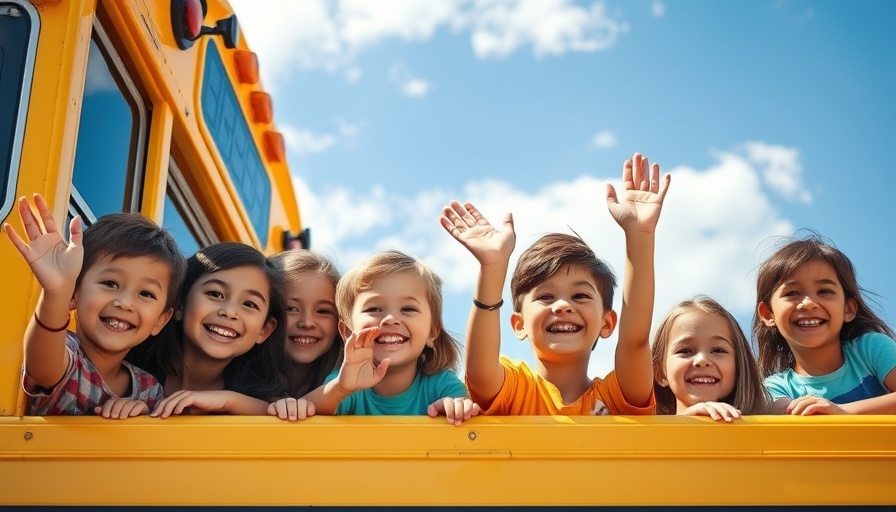Cheerful kids looking out from school bus, COVID-19 vaccines for kids context.