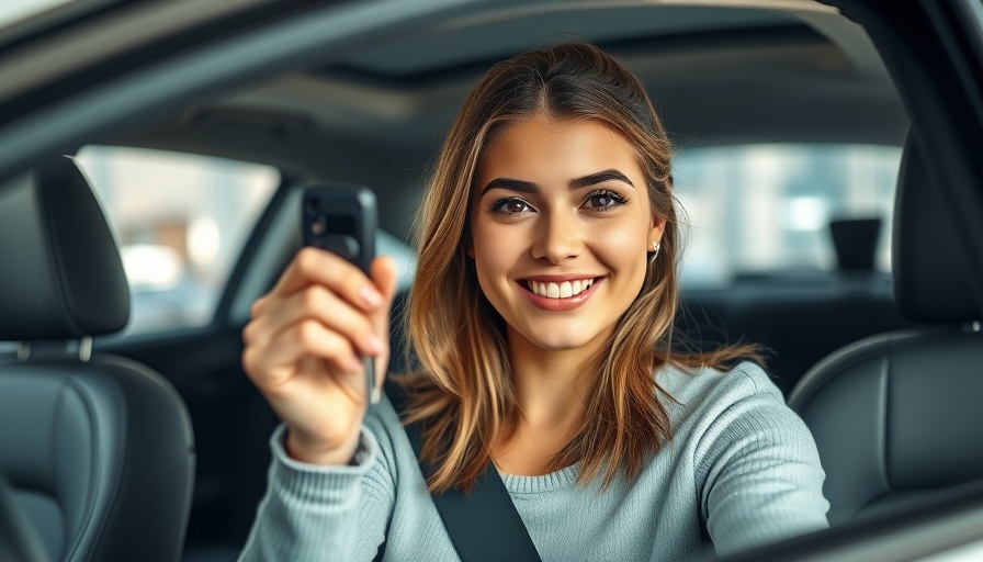 Confident young woman in car with key, showcasing small business branding tips.