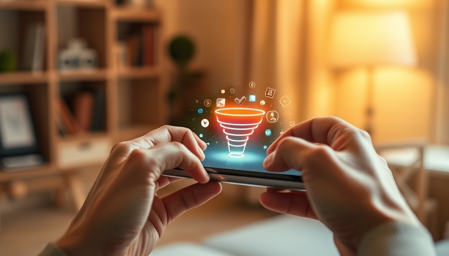 Hands holding smartphone with digital sales funnel, B2B SEO strategies.