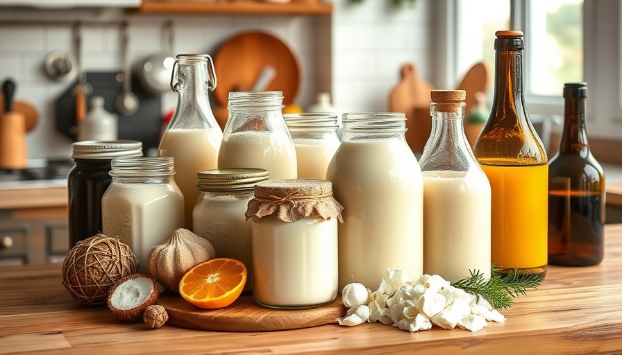 Whey-based fermented products on a wooden counter, promoting health benefits.