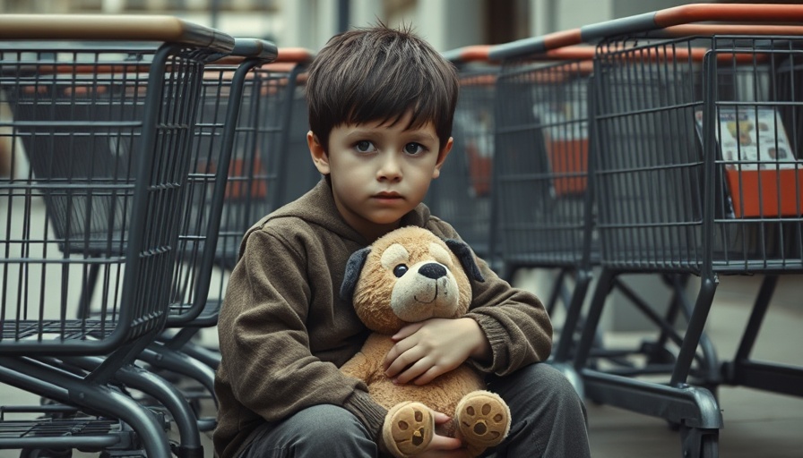Thoughtful child with toy beside shopping carts, outdoors. Parenting strategies neuroscience.