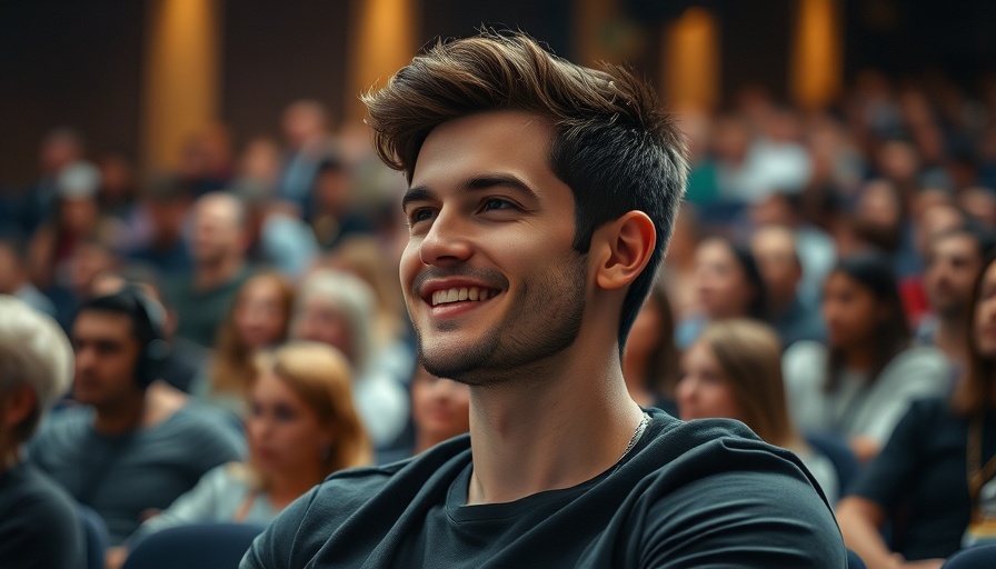 Man smiling attentively in audience amid blurred background.