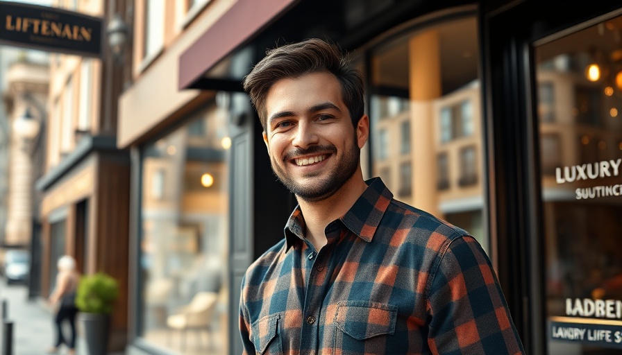 Man in plaid shirt outside luxury store, illustrating brand exclusivity.