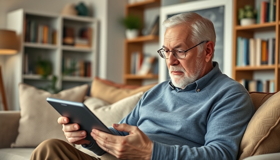Elderly man using tablet for Geriatric Nutritional Risk Index research.